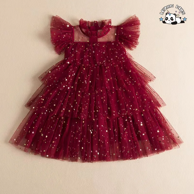 LEZONKIDS - Customizable Wholesale High Quality Little Princess Sparkle Star Printed Casual Tulle Kids Girls Dresses